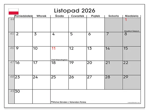 Kalendarz do druku na listopad 2026 - Polska