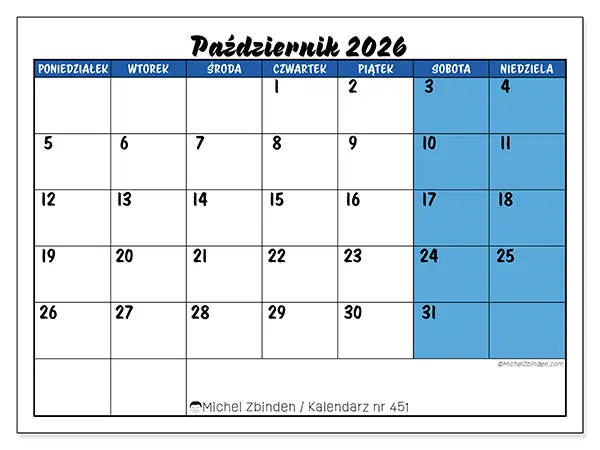 Kalendarz do druku na październik 2026 - Niebieski widok