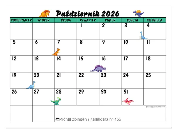 Kalendarz do druku na październik 2026 - Małe dinozaury