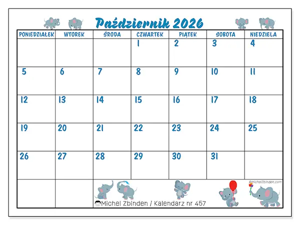 Kalendarz do druku na październik 2026 - Małe słonie