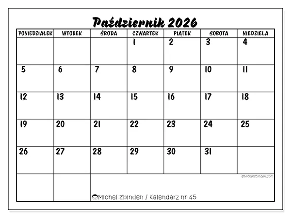 Kalendarz do druku na październik 2026 - Sukces szkolny