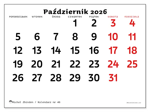 Kalendarz do druku na październik 2026 - Jasna wizja