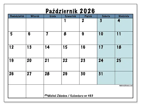 Kalendarz do druku na październik 2026 - Struktura dla szkoły