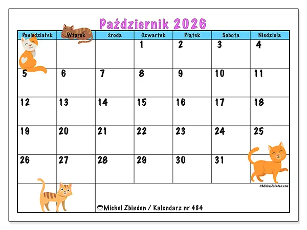 Kalendarz do druku na październik 2026 - Miłość do kotów