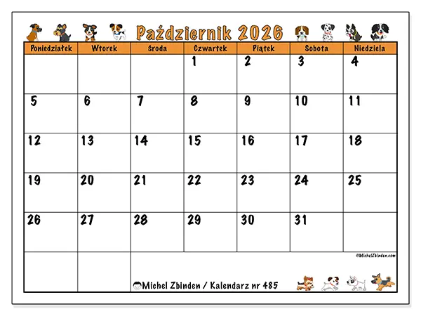 Kalendarz do druku na październik 2026 - Psy