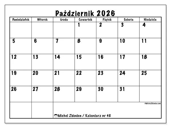Kalendarz do druku na październik 2026 - Codzienne plany