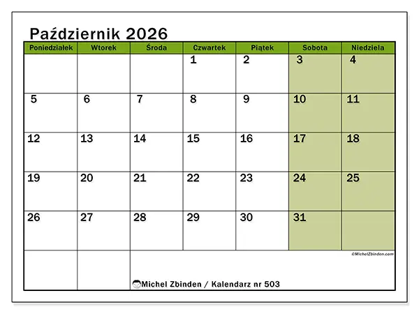 Kalendarz do druku na październik 2026 - Naturalne kolory