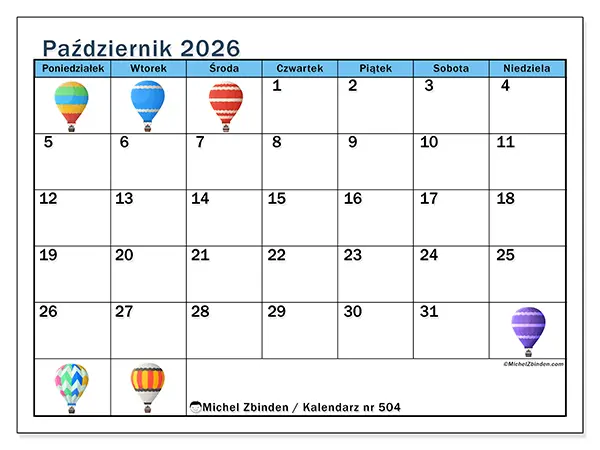 Kalendarz do druku na październik 2026 - Balony na gorące powietrze
