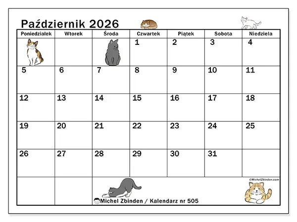 Kalendarz do druku na październik 2026 - Życie kota