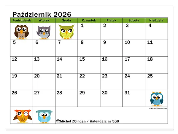 Kalendarz do druku na październik 2026 - Sowy