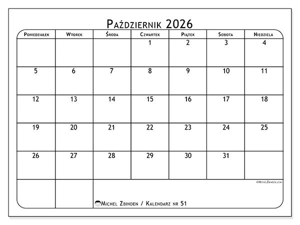 Kalendarz do druku na październik 2026 - Planer posiłków