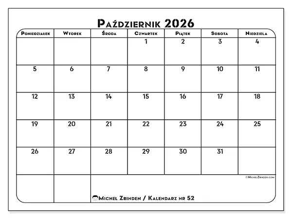 Kalendarz do druku na październik 2026 - Plan pracy