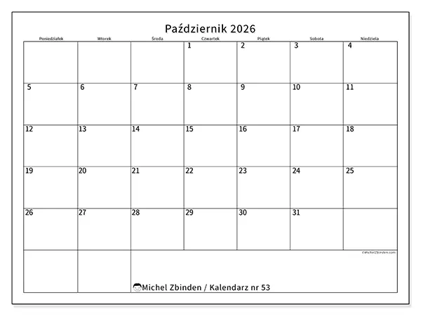 Kalendarz do druku na październik 2026 - Czytelny harmonogram