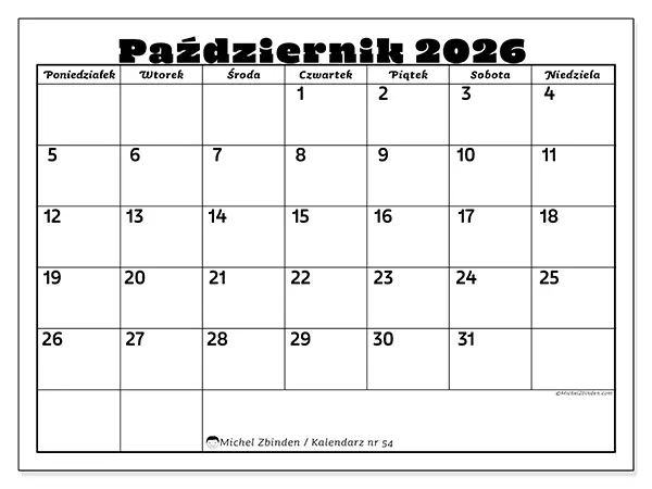 Kalendarz do druku na październik 2026 - Aktywności rodzinne