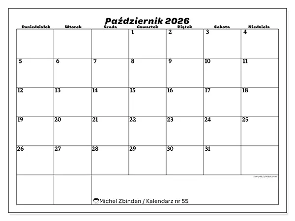 Kalendarz do druku na październik 2026 - Czas wolny