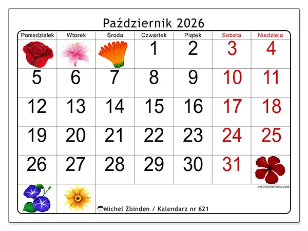 Kalendarz do druku na październik 2026 - Duże kwiaty