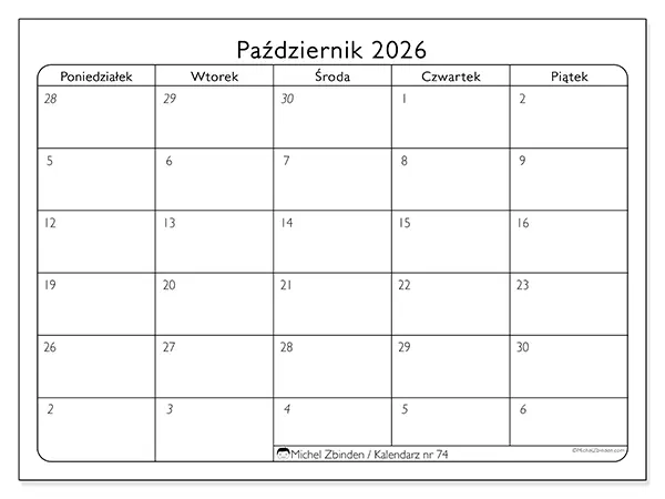 Kalendarz do druku na październik 2026 - Dni robocze
