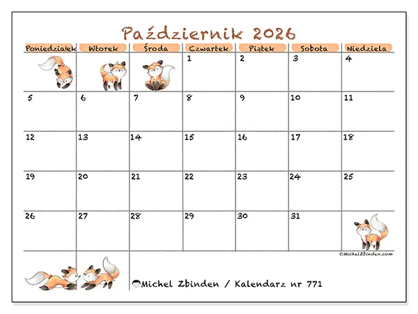Kalendarz do druku na październik 2026 - Rysunki lisów