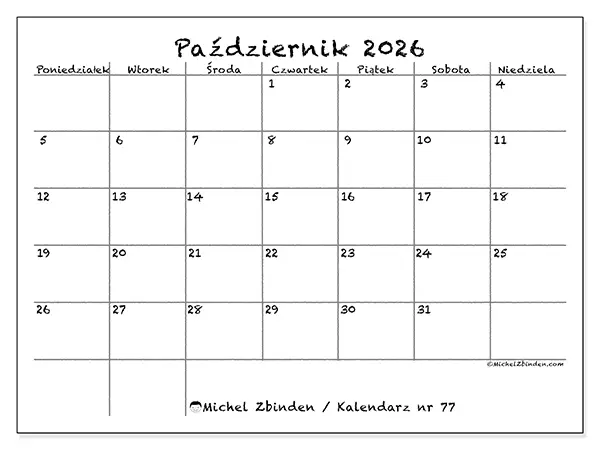 Kalendarz do druku na październik 2026 - Szkoła i rodzina