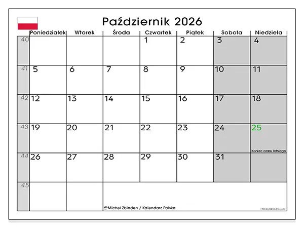 Kalendarz do druku na październik 2026 - Polska