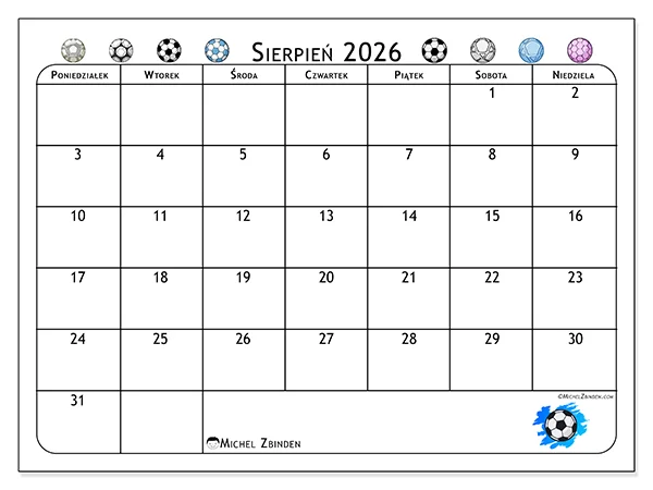 Kalendarz do druku na sierpień 2026 - Pasja do piłki nożnej
