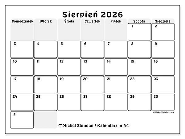 Kalendarz do druku na sierpień 2026