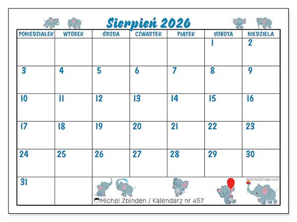 Kalendarz do druku na sierpień 2026 - Małe słonie
