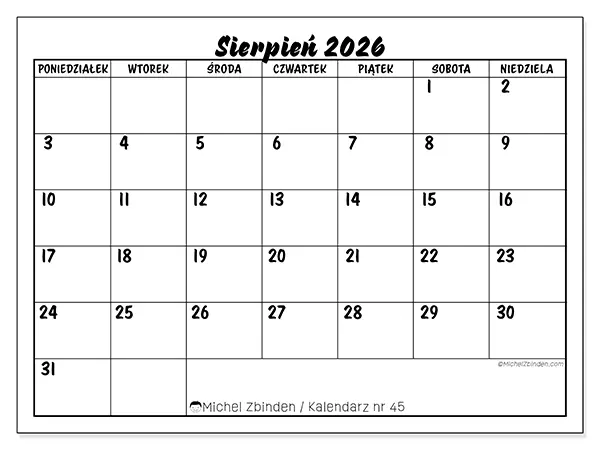 Kalendarz do druku na sierpień 2026 - Sukces szkolny