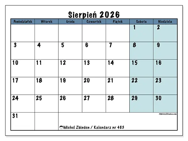 Kalendarz do druku na sierpień 2026 - Struktura dla szkoły