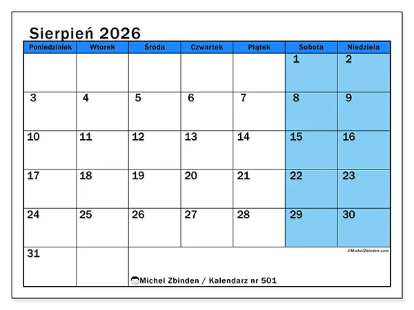 Kalendarz do druku na sierpień 2026 - Dynamiczne studia