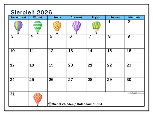 Kalendarz do druku na sierpień 2026 - Balony na gorące powietrze