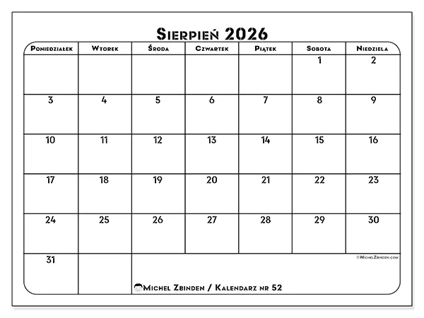 Kalendarz do druku na sierpień 2026 - Plan pracy