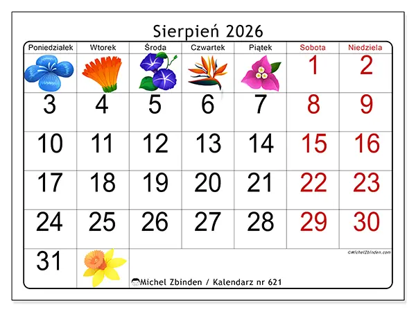 Kalendarz do druku na sierpień 2026 - Duże kwiaty
