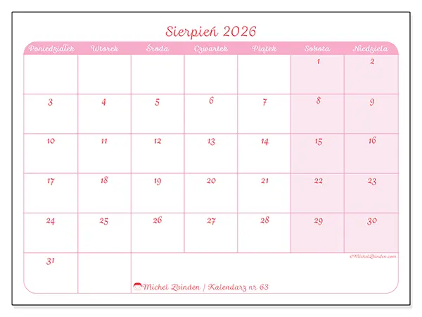 Kalendarz do druku na sierpień 2026 - Spokojny wygląd