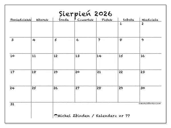 Kalendarz do druku na sierpień 2026 - Szkoła i rodzina