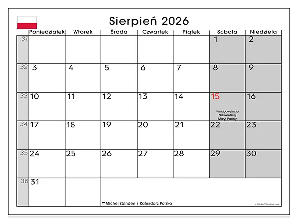 Kalendarz do druku na sierpień 2026 - Polska