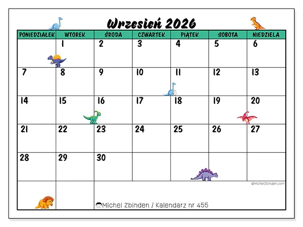 Kalendarz do druku na wrzesień 2026 - Małe dinozaury