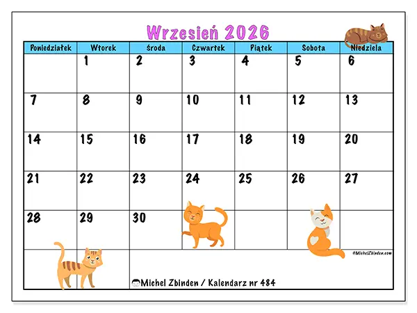 Kalendarz do druku na wrzesień 2026 - Miłość do kotów
