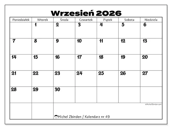 Kalendarz do druku na wrzesień 2026 - Koordynacja pracy
