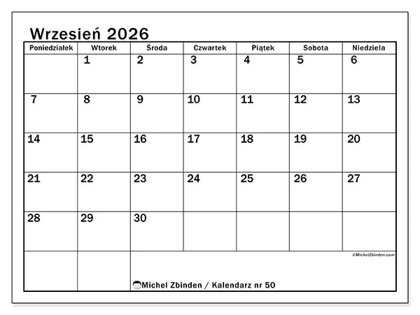 Kalendarz do druku na wrzesień 2026 - Przejrzysty miesiąc