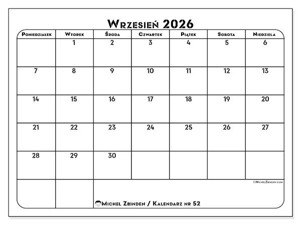 Kalendarz do druku na wrzesień 2026 - Plan pracy