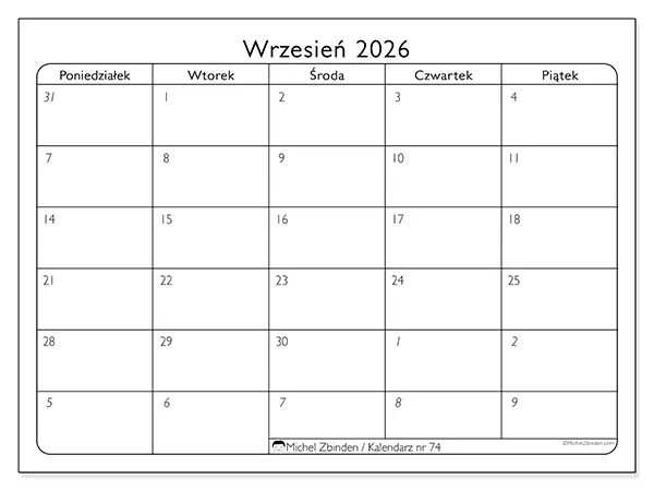 Kalendarz do druku na wrzesień 2026 - Dni robocze