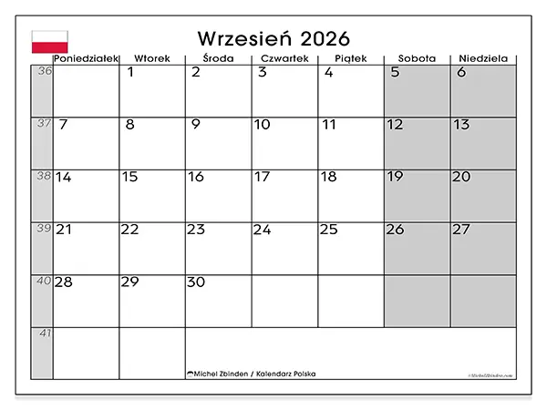 Kalendarz do druku na wrzesień 2026 - Polska