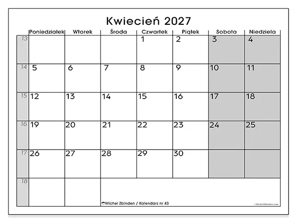 Kalendarz do druku na kwiecień 2027 - Przejrzysty widok