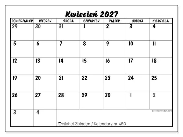 Kalendarz do druku na kwiecień 2027 - Szczegółowy model