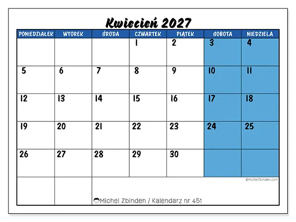 Kalendarz do druku na kwiecień 2027 - Niebieski widok