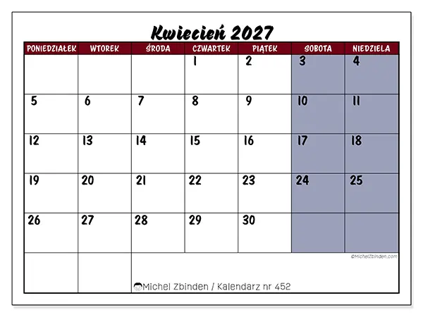 Kalendarz do druku na kwiecień 2027 - Zadania w kolorze