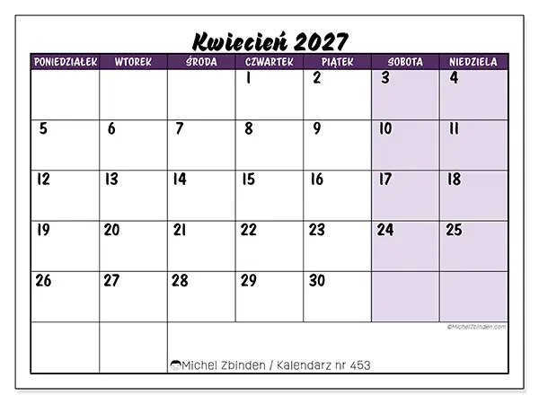 Kalendarz do druku na kwiecień 2027 - Kolorowe zadania