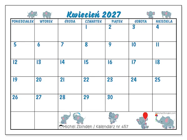 Kalendarz do druku na kwiecień 2027 - Małe słonie
