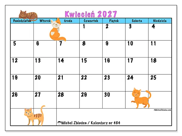Kalendarz do druku na kwiecień 2027 - Miłość do kotów